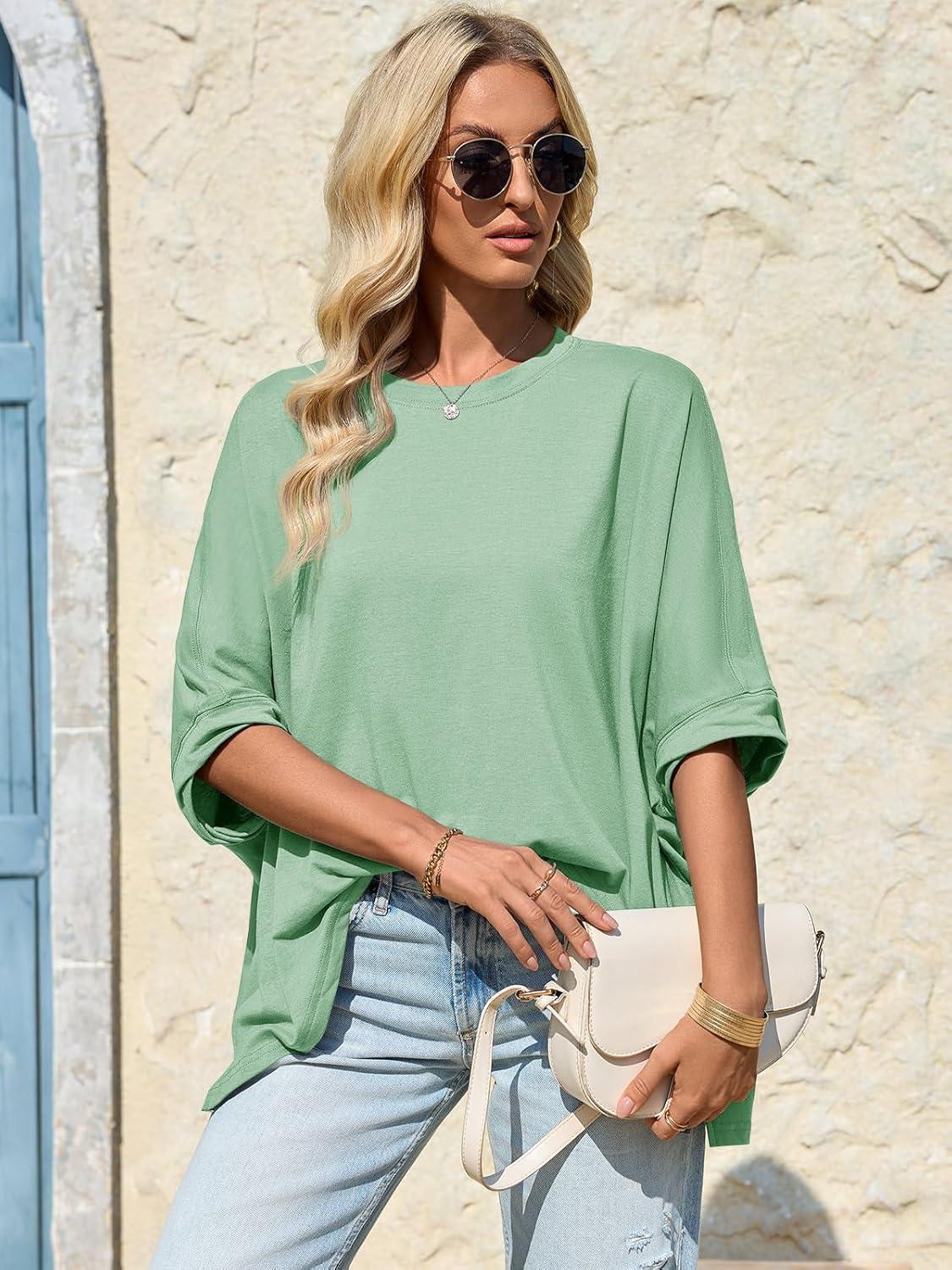 imageTankaneo Womens Oversized Tshirts Batwing Short Sleeve Asymmetric Hem Tops Summer Casual Loose Fit Tunic Tee ShirtsGreen
