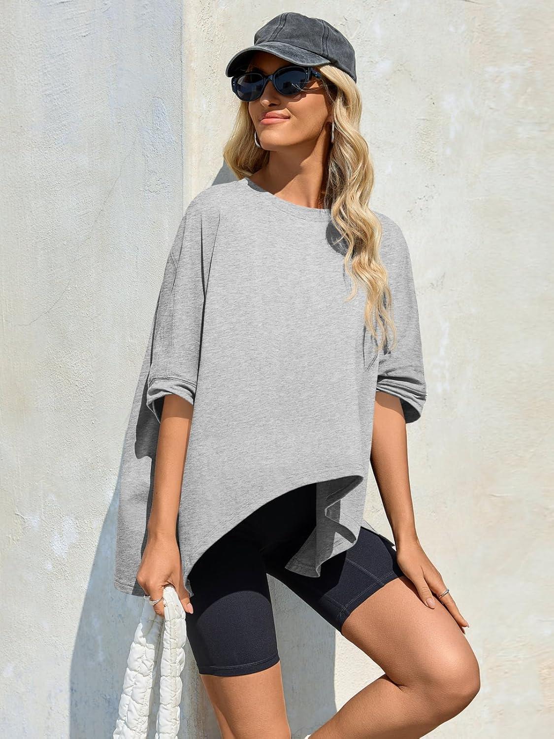 imageTankaneo Womens Oversized Tshirts Batwing Short Sleeve Asymmetric Hem Tops Summer Casual Loose Fit Tunic Tee ShirtsHeather Grey
