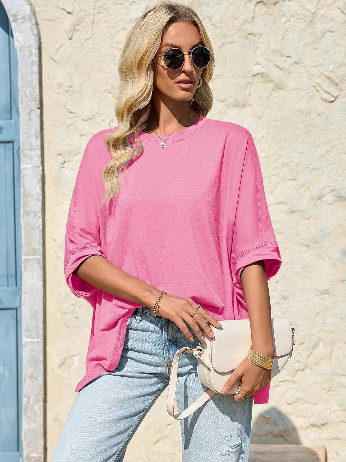 imageTankaneo Womens Oversized Tshirts Batwing Short Sleeve Asymmetric Hem Tops Summer Casual Loose Fit Tunic Tee ShirtsHot Pink
