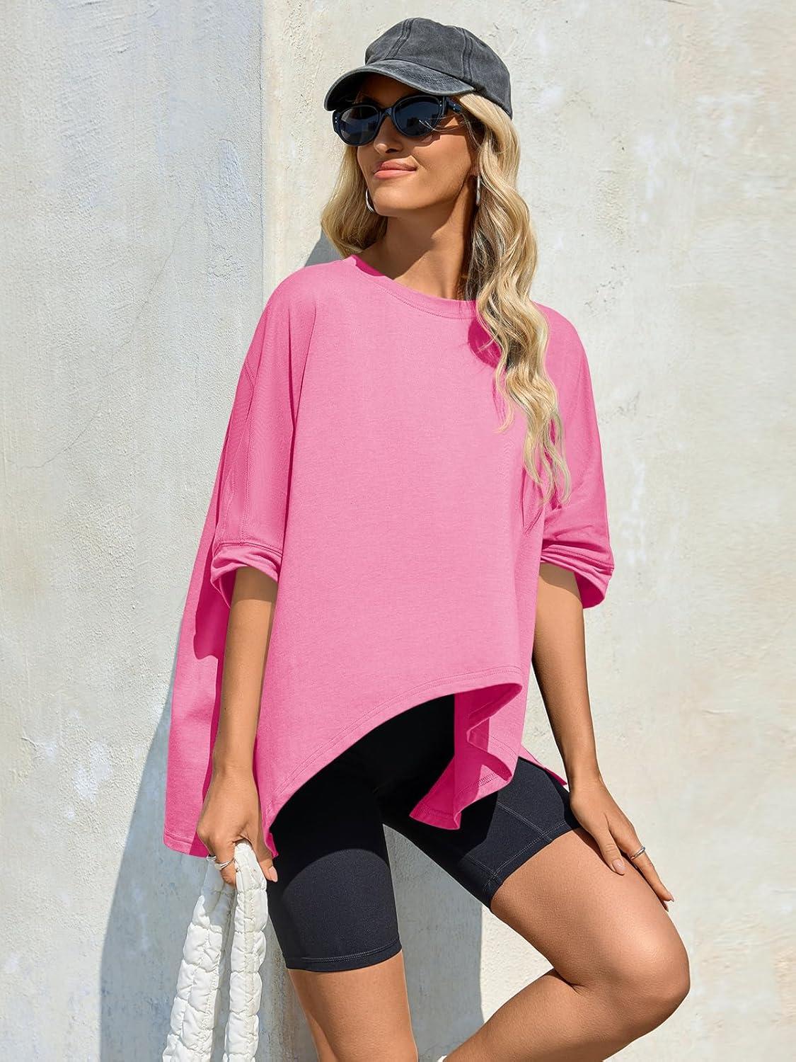 imageTankaneo Womens Oversized Tshirts Batwing Short Sleeve Asymmetric Hem Tops Summer Casual Loose Fit Tunic Tee ShirtsHot Pink