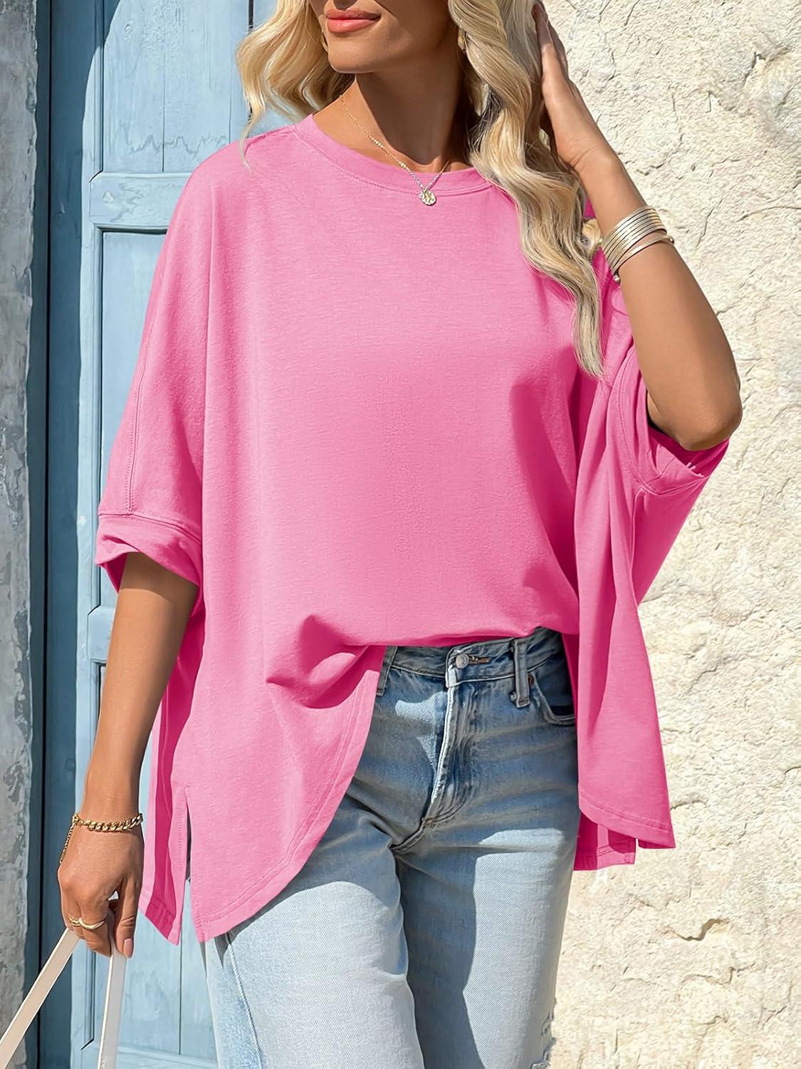 imageTankaneo Womens Oversized Tshirts Batwing Short Sleeve Asymmetric Hem Tops Summer Casual Loose Fit Tunic Tee ShirtsHot Pink