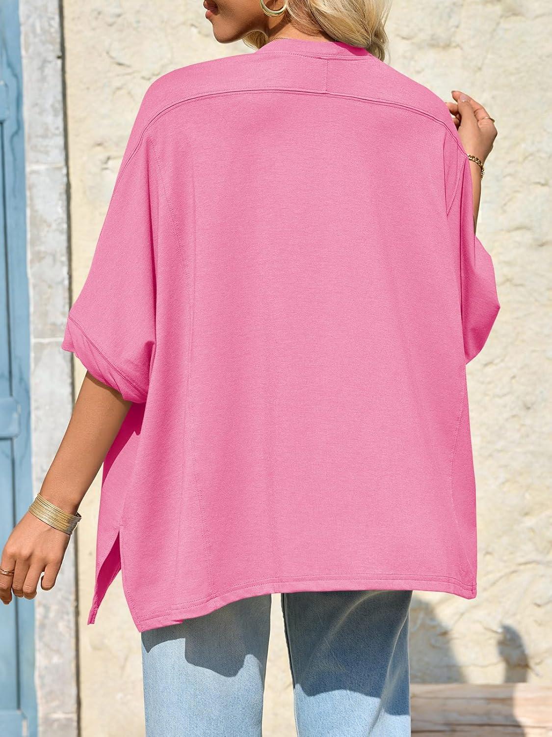 imageTankaneo Womens Oversized Tshirts Batwing Short Sleeve Asymmetric Hem Tops Summer Casual Loose Fit Tunic Tee ShirtsHot Pink
