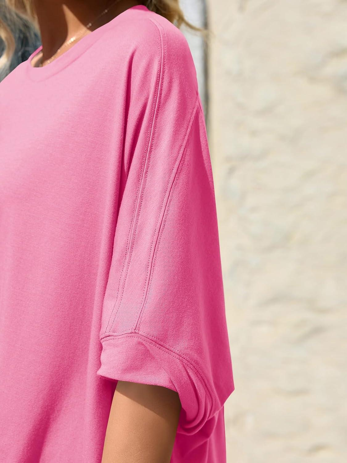 imageTankaneo Womens Oversized Tshirts Batwing Short Sleeve Asymmetric Hem Tops Summer Casual Loose Fit Tunic Tee ShirtsHot Pink