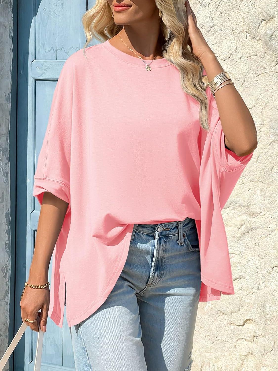 imageTankaneo Womens Oversized Tshirts Batwing Short Sleeve Asymmetric Hem Tops Summer Casual Loose Fit Tunic Tee ShirtsLight Pink