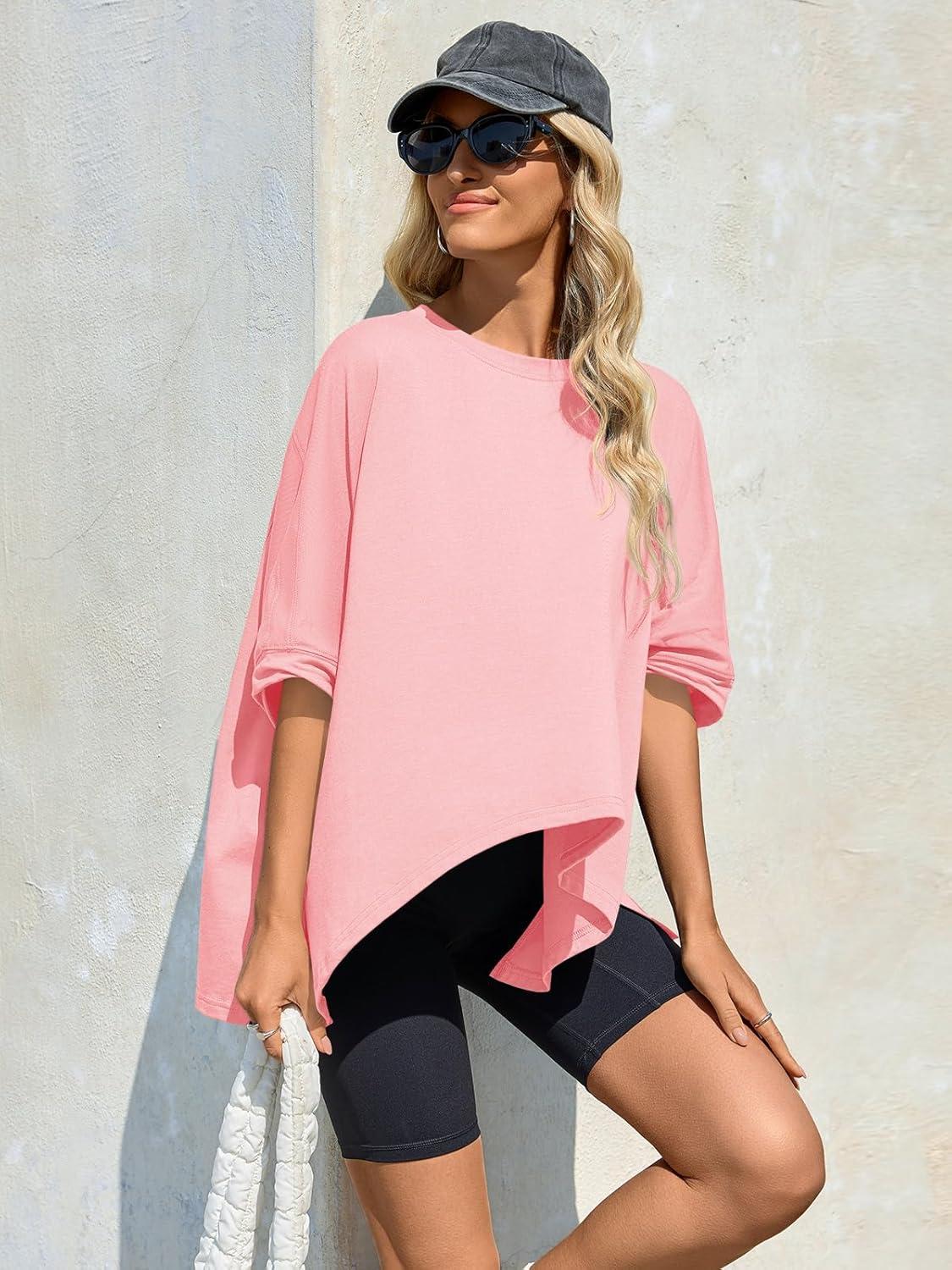 imageTankaneo Womens Oversized Tshirts Batwing Short Sleeve Asymmetric Hem Tops Summer Casual Loose Fit Tunic Tee ShirtsLight Pink