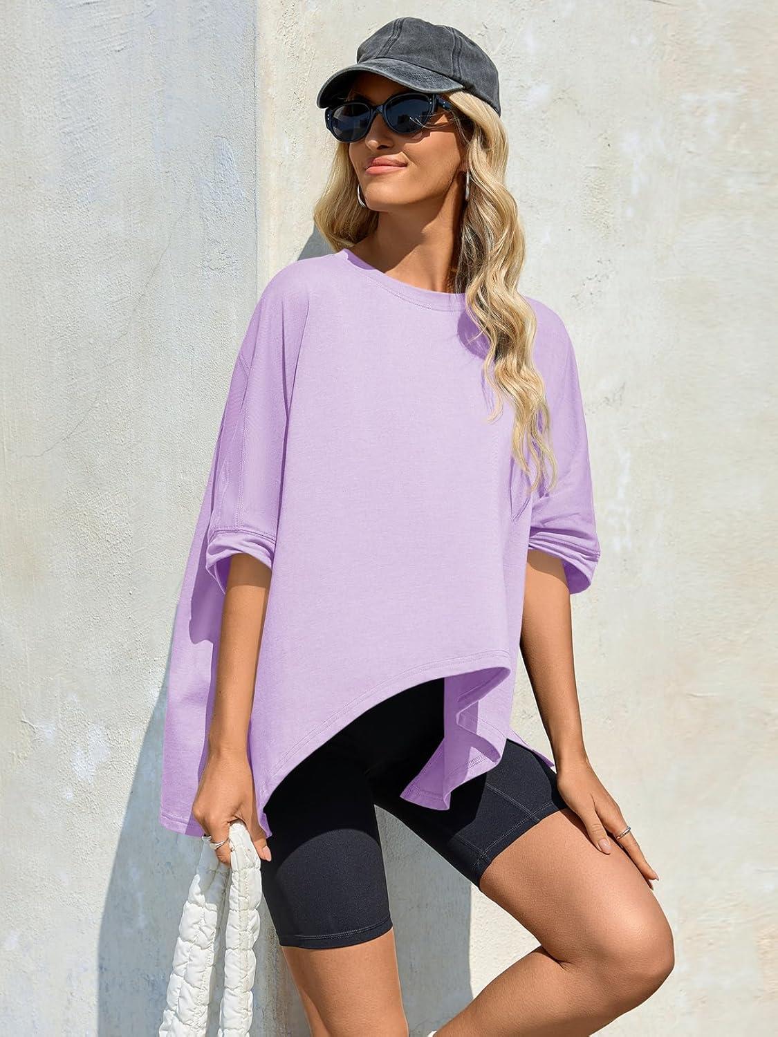 imageTankaneo Womens Oversized Tshirts Batwing Short Sleeve Asymmetric Hem Tops Summer Casual Loose Fit Tunic Tee ShirtsLight Purple