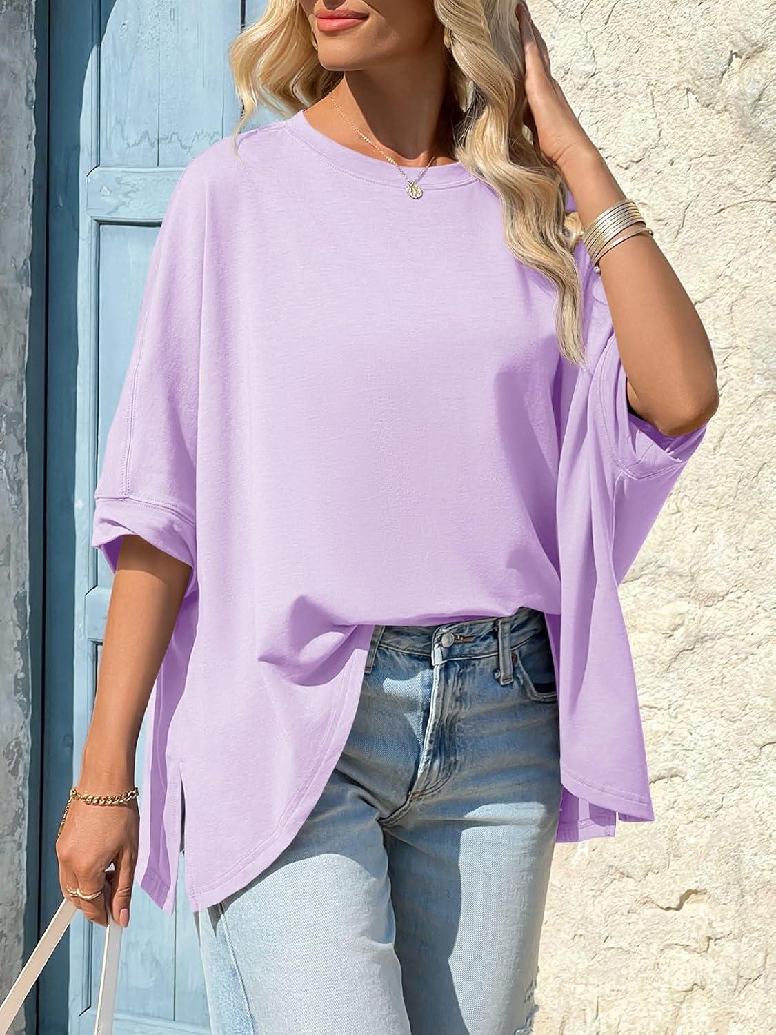 imageTankaneo Womens Oversized Tshirts Batwing Short Sleeve Asymmetric Hem Tops Summer Casual Loose Fit Tunic Tee ShirtsLight Purple