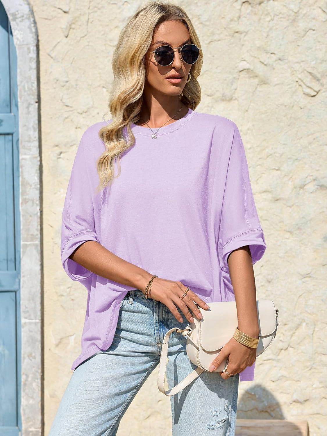 imageTankaneo Womens Oversized Tshirts Batwing Short Sleeve Asymmetric Hem Tops Summer Casual Loose Fit Tunic Tee ShirtsLight Purple
