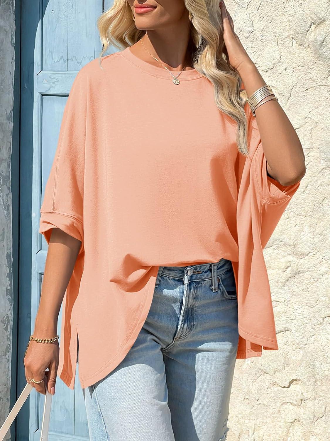 imageTankaneo Womens Oversized Tshirts Batwing Short Sleeve Asymmetric Hem Tops Summer Casual Loose Fit Tunic Tee ShirtsOrange