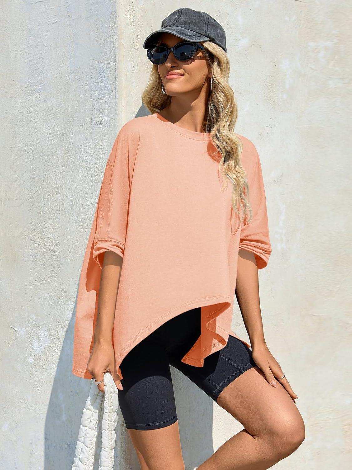 imageTankaneo Womens Oversized Tshirts Batwing Short Sleeve Asymmetric Hem Tops Summer Casual Loose Fit Tunic Tee ShirtsOrange