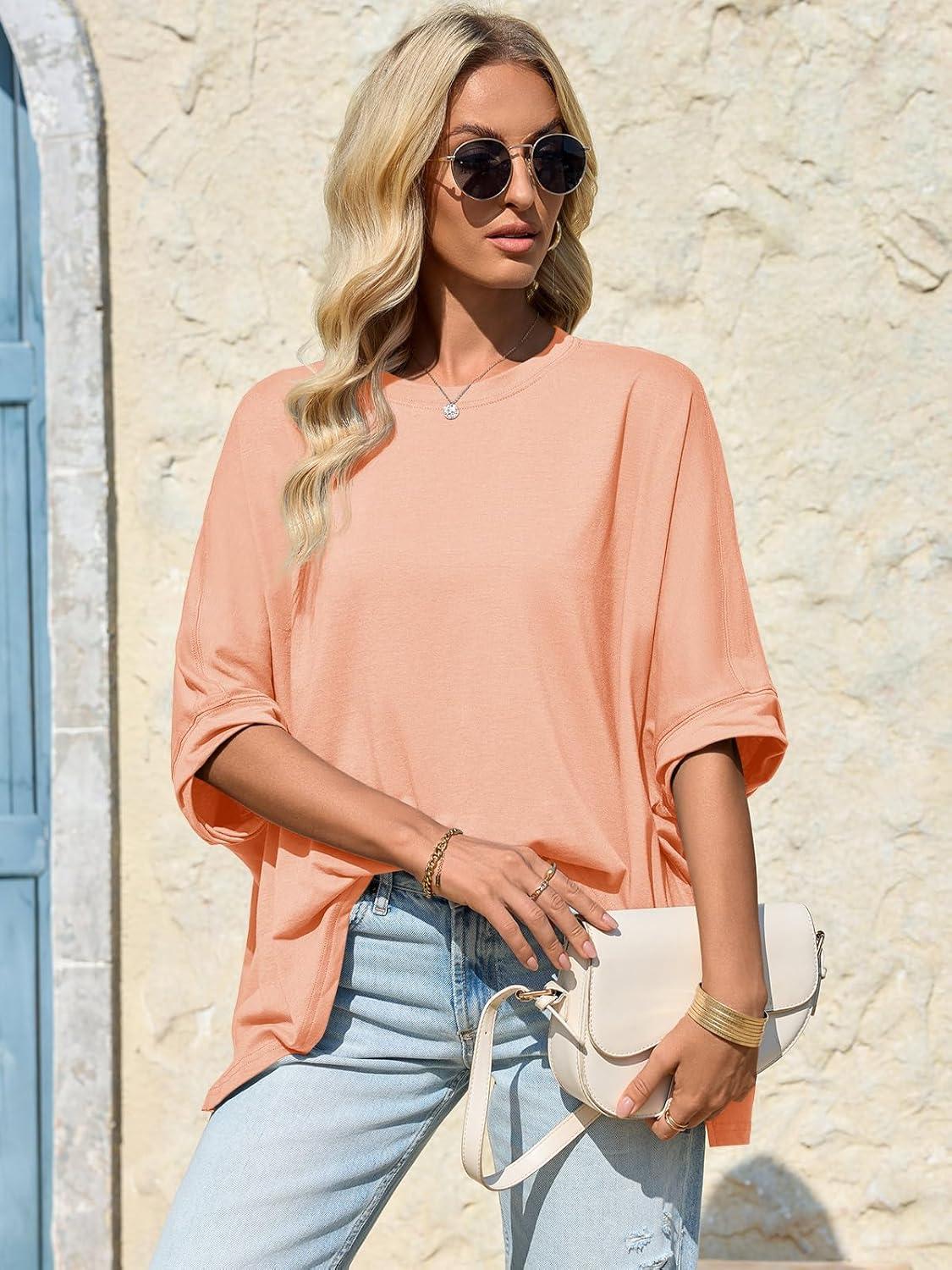 imageTankaneo Womens Oversized Tshirts Batwing Short Sleeve Asymmetric Hem Tops Summer Casual Loose Fit Tunic Tee ShirtsOrange