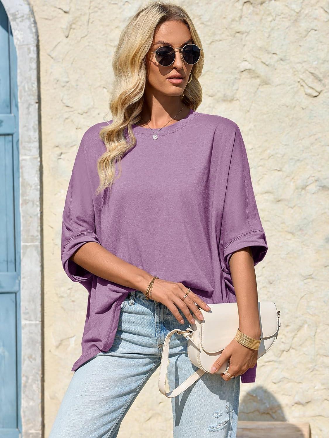 imageTankaneo Womens Oversized Tshirts Batwing Short Sleeve Asymmetric Hem Tops Summer Casual Loose Fit Tunic Tee ShirtsPurple