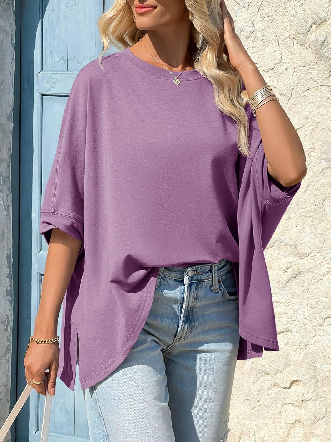 imageTankaneo Womens Oversized Tshirts Batwing Short Sleeve Asymmetric Hem Tops Summer Casual Loose Fit Tunic Tee ShirtsPurple