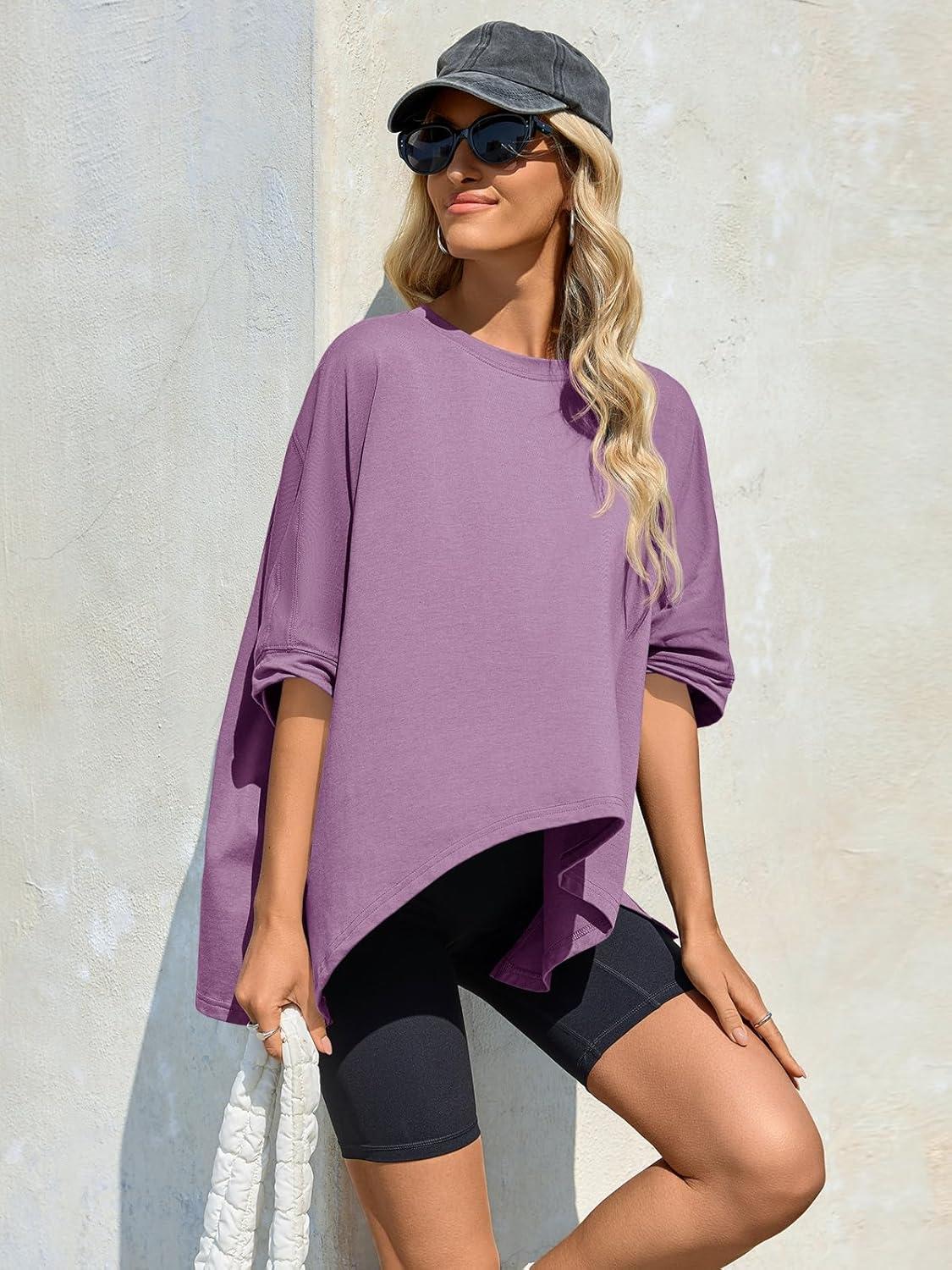 imageTankaneo Womens Oversized Tshirts Batwing Short Sleeve Asymmetric Hem Tops Summer Casual Loose Fit Tunic Tee ShirtsPurple