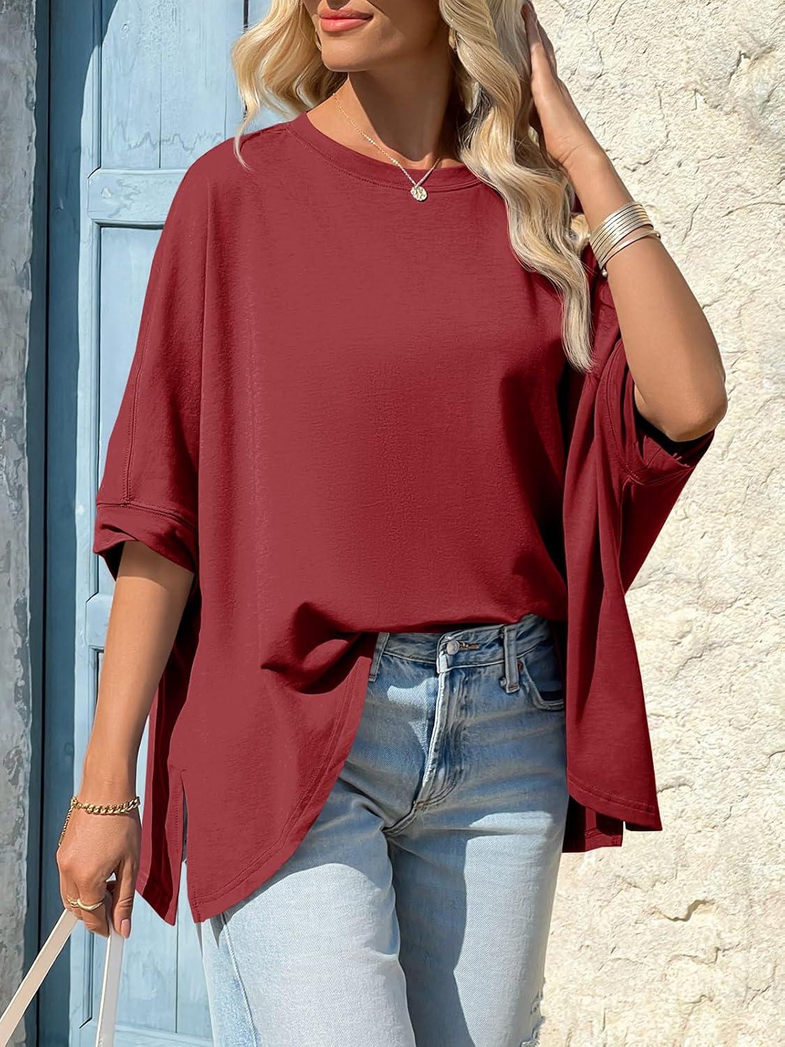 imageTankaneo Womens Oversized Tshirts Batwing Short Sleeve Asymmetric Hem Tops Summer Casual Loose Fit Tunic Tee ShirtsWine Red