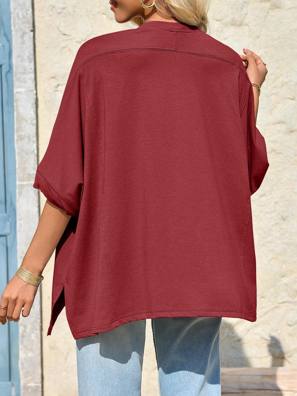 imageTankaneo Womens Oversized Tshirts Batwing Short Sleeve Asymmetric Hem Tops Summer Casual Loose Fit Tunic Tee ShirtsWine Red