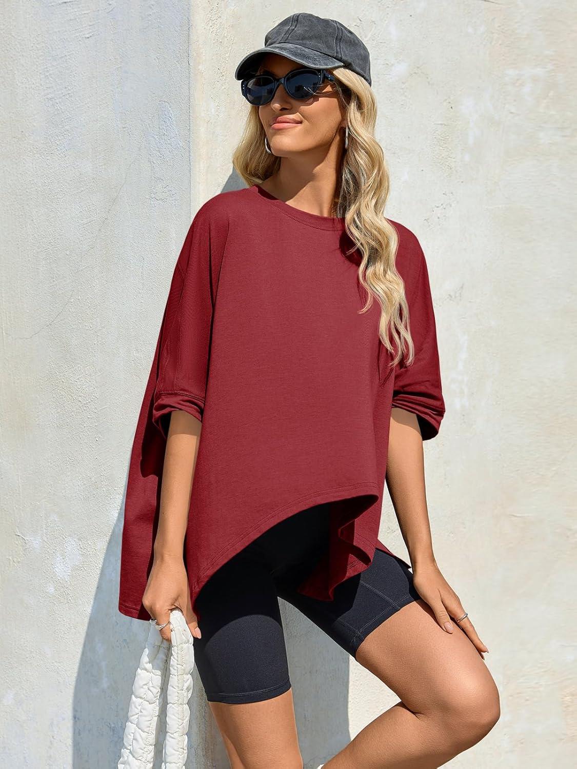 imageTankaneo Womens Oversized Tshirts Batwing Short Sleeve Asymmetric Hem Tops Summer Casual Loose Fit Tunic Tee ShirtsWine Red