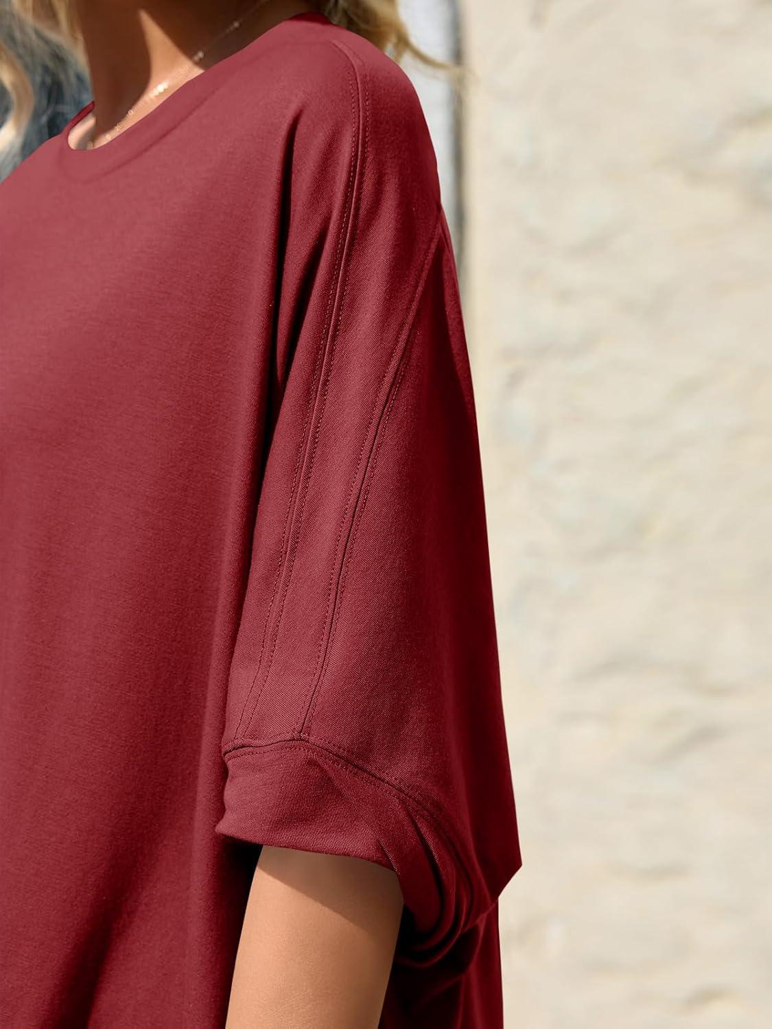 imageTankaneo Womens Oversized Tshirts Batwing Short Sleeve Asymmetric Hem Tops Summer Casual Loose Fit Tunic Tee ShirtsWine Red