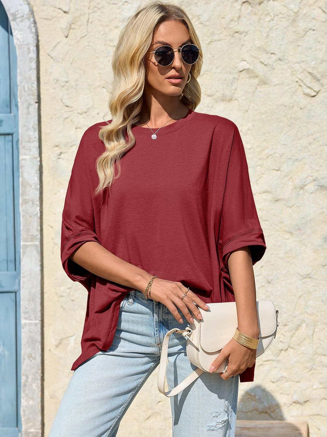 imageTankaneo Womens Oversized Tshirts Batwing Short Sleeve Asymmetric Hem Tops Summer Casual Loose Fit Tunic Tee ShirtsWine Red