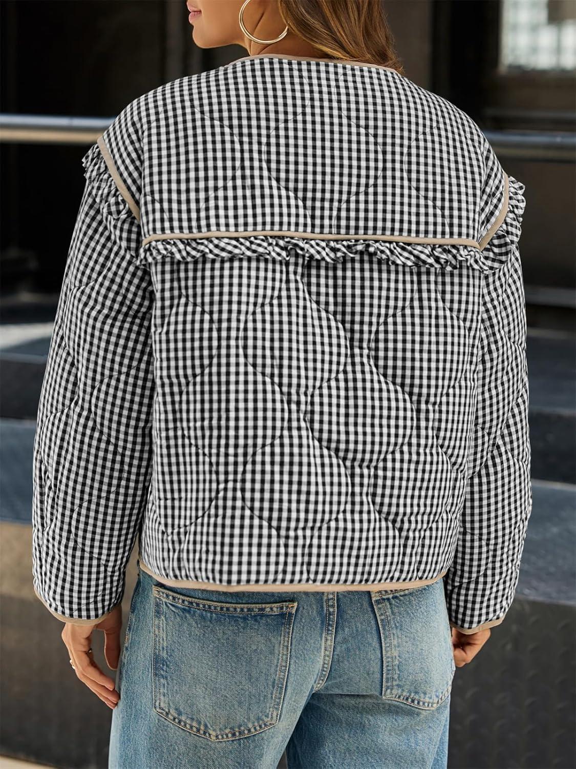 imageTankaneo Womens Plaid Quilted Jackets Tie Front Lightweight Cropped Jacket Ruffled Puffer Padded Coat with PocketsBlack