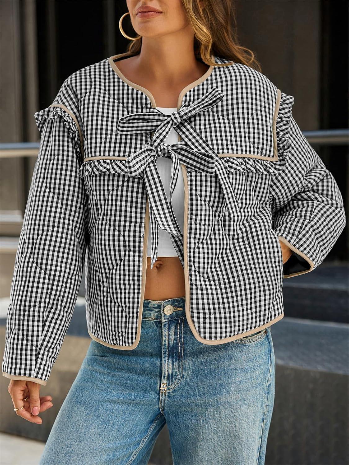 imageTankaneo Womens Plaid Quilted Jackets Tie Front Lightweight Cropped Jacket Ruffled Puffer Padded Coat with PocketsBlack