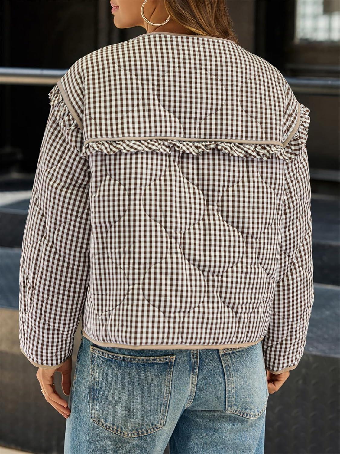 imageTankaneo Womens Plaid Quilted Jackets Tie Front Lightweight Cropped Jacket Ruffled Puffer Padded Coat with PocketsBrown