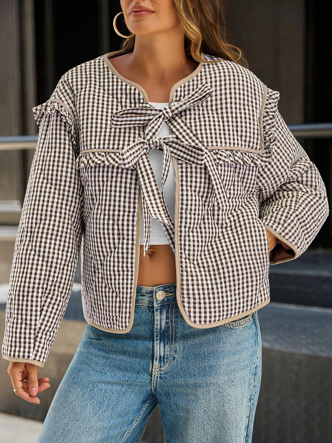 imageTankaneo Womens Plaid Quilted Jackets Tie Front Lightweight Cropped Jacket Ruffled Puffer Padded Coat with PocketsBrown