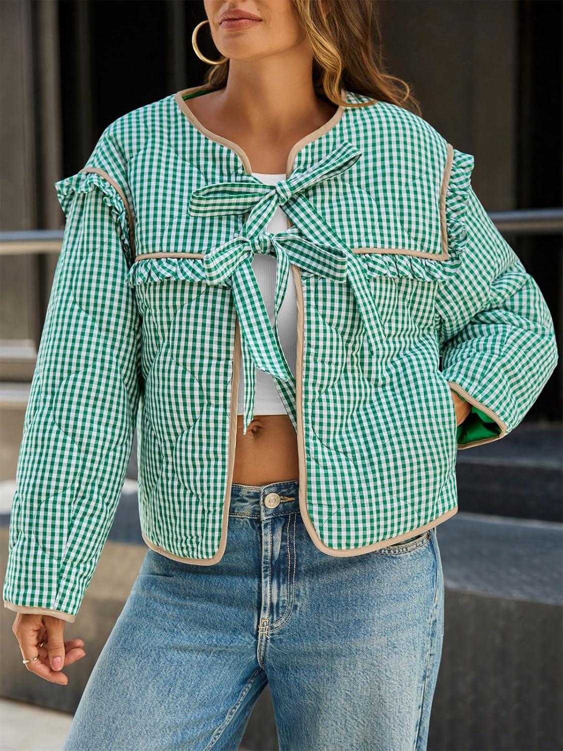 imageTankaneo Womens Plaid Quilted Jackets Tie Front Lightweight Cropped Jacket Ruffled Puffer Padded Coat with PocketsGreen