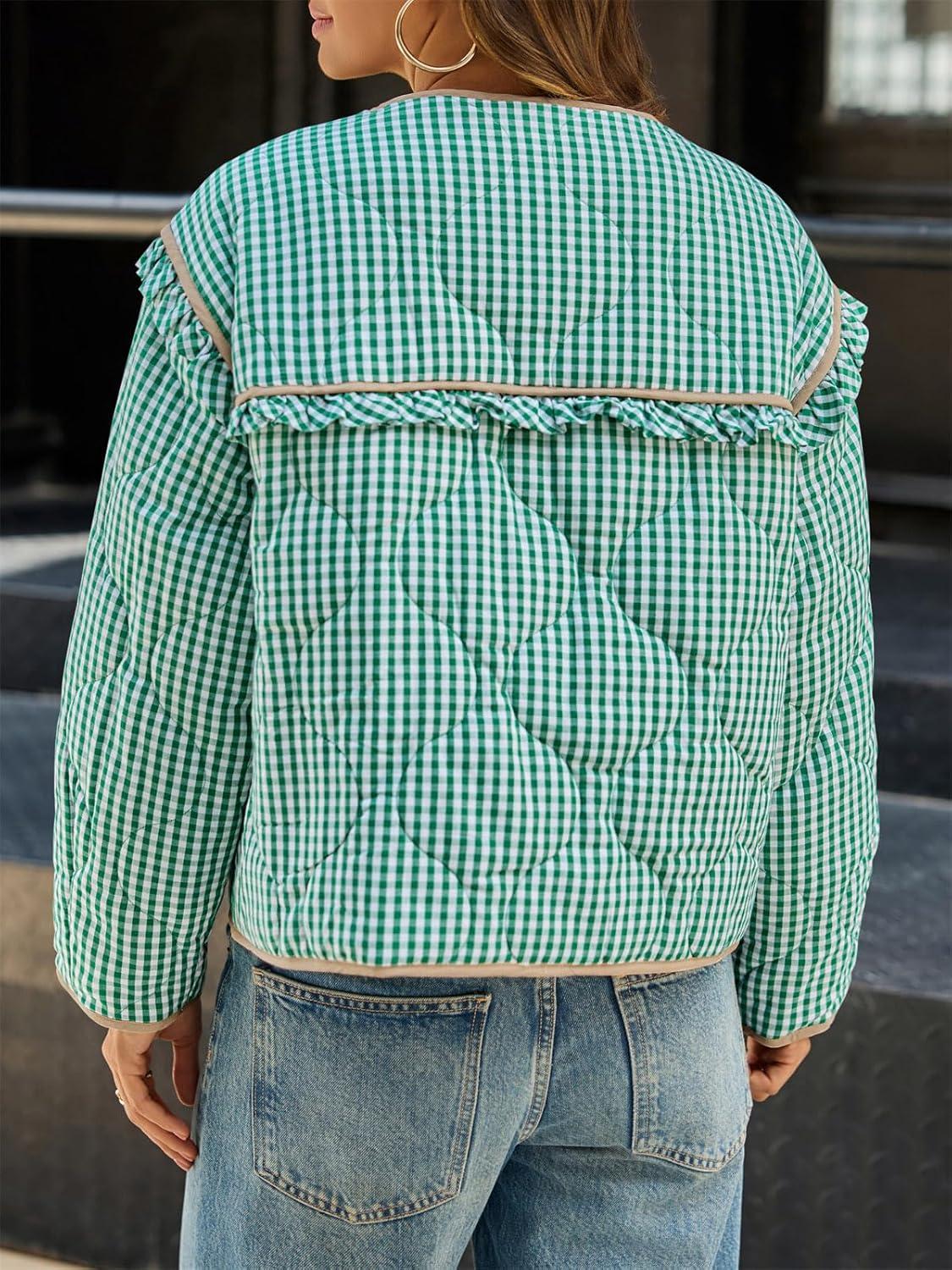 imageTankaneo Womens Plaid Quilted Jackets Tie Front Lightweight Cropped Jacket Ruffled Puffer Padded Coat with PocketsGreen