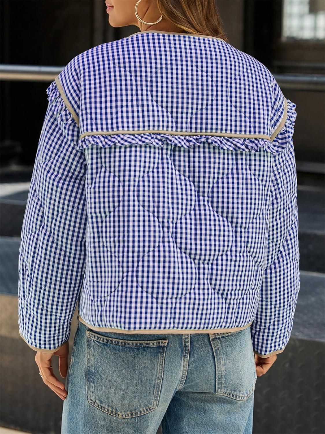 imageTankaneo Womens Plaid Quilted Jackets Tie Front Lightweight Cropped Jacket Ruffled Puffer Padded Coat with PocketsNavy Blue