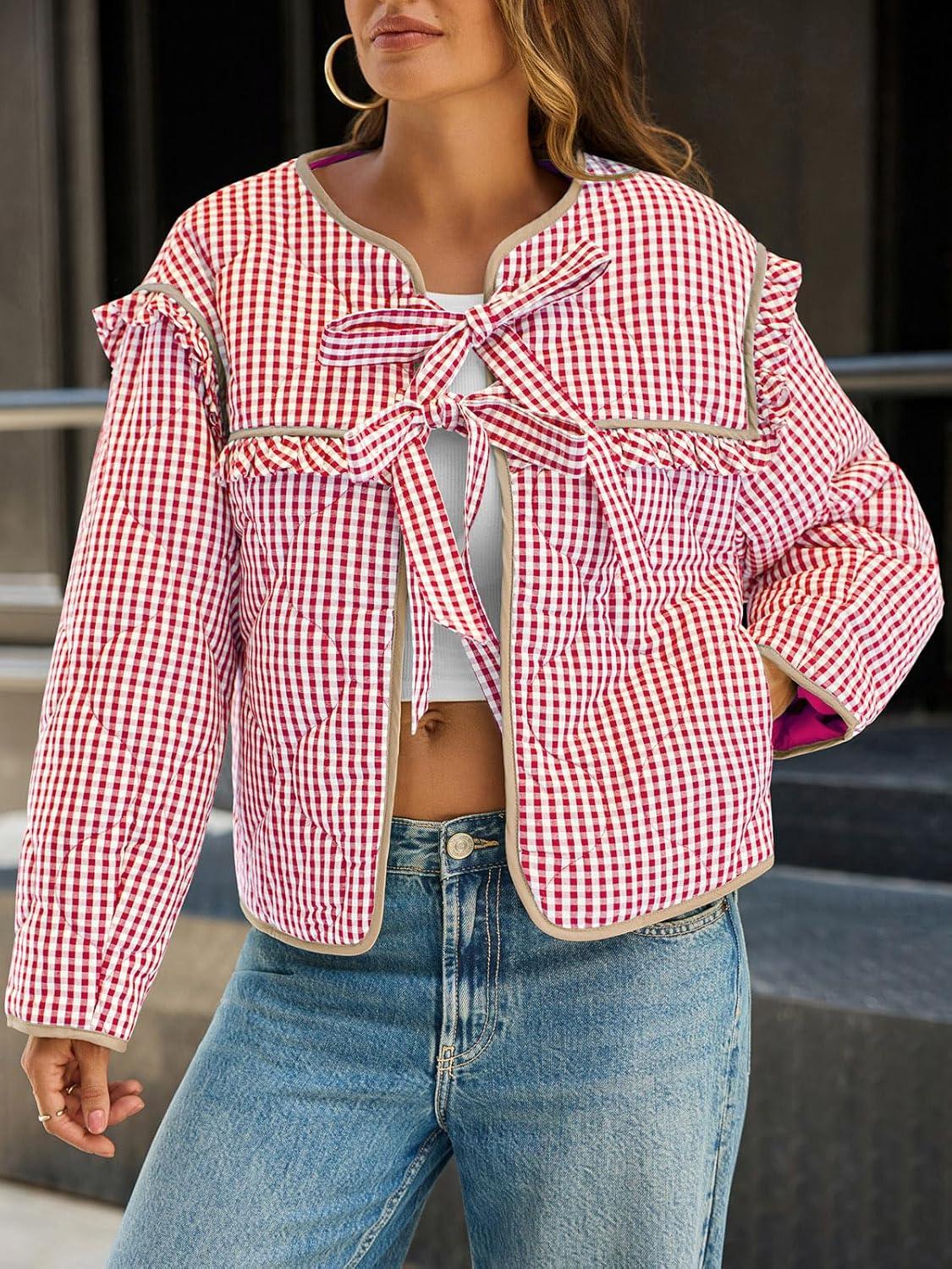 imageTankaneo Womens Plaid Quilted Jackets Tie Front Lightweight Cropped Jacket Ruffled Puffer Padded Coat with PocketsRed