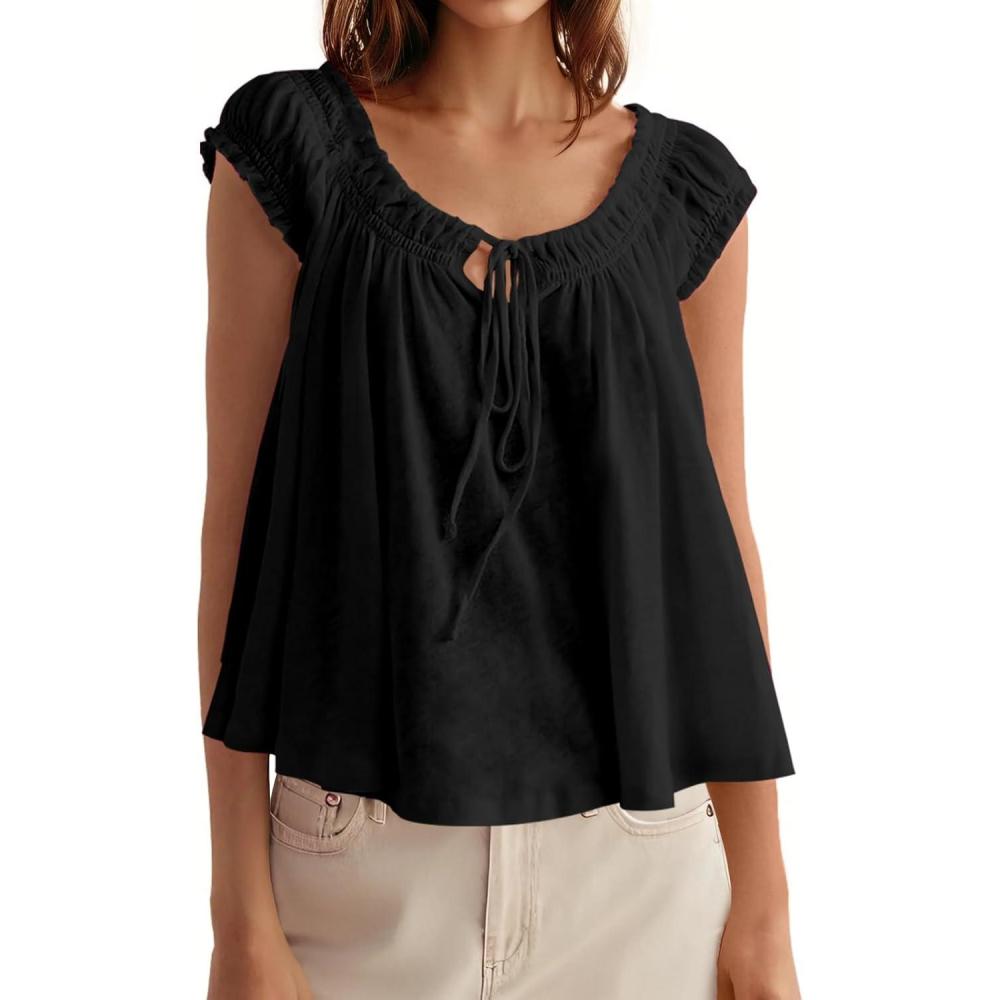imageTankaneo Women Summer Tie Front Tank Tops Cap Sleeve Pleated Babydoll Tops Casual Loose Fit Going Out Flowy ShirtBlack