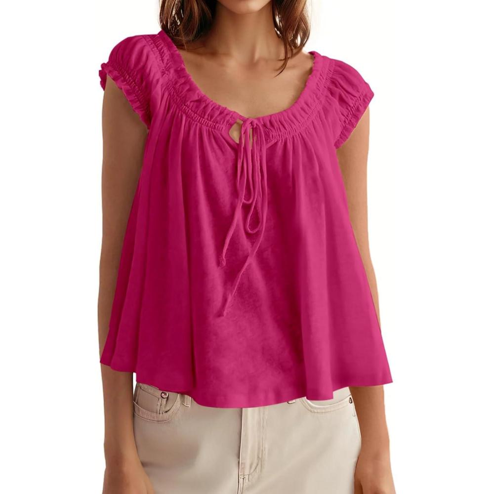 imageTankaneo Women Summer Tie Front Tank Tops Cap Sleeve Pleated Babydoll Tops Casual Loose Fit Going Out Flowy ShirtBright Pink