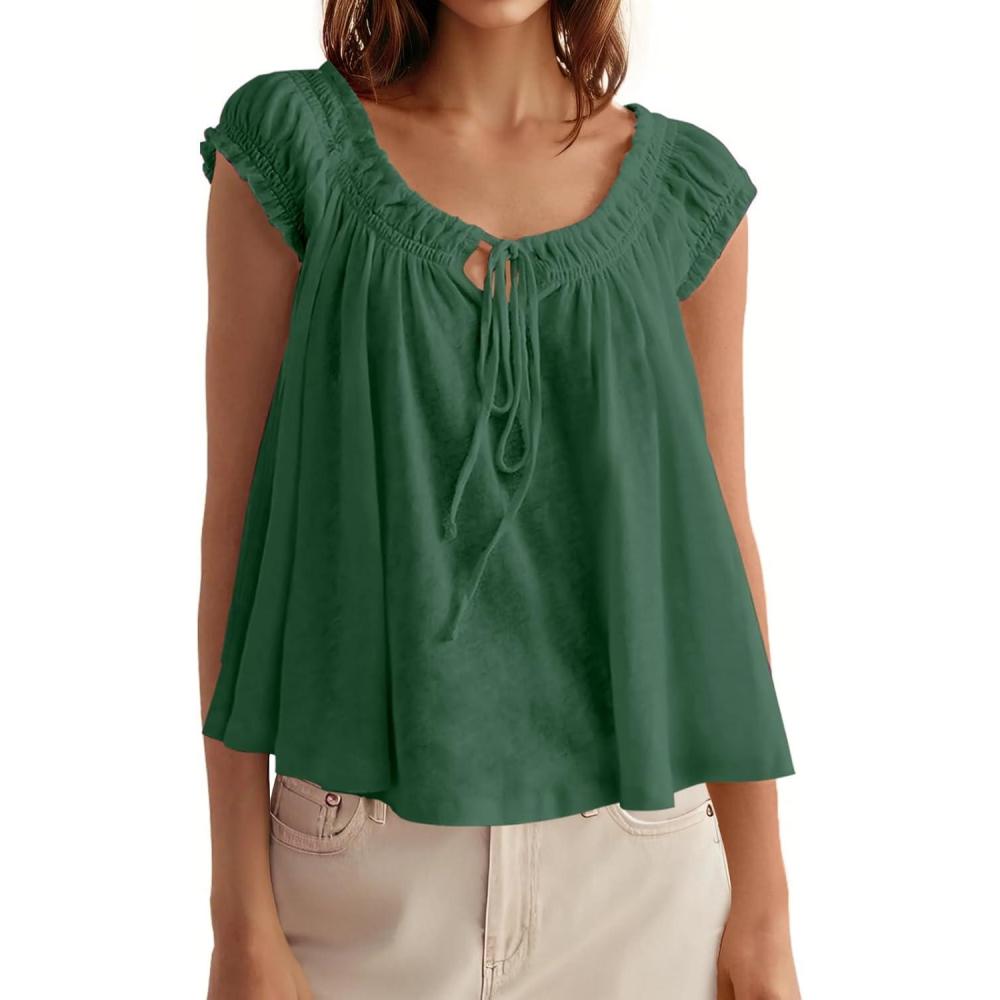 imageTankaneo Women Summer Tie Front Tank Tops Cap Sleeve Pleated Babydoll Tops Casual Loose Fit Going Out Flowy ShirtDark Green