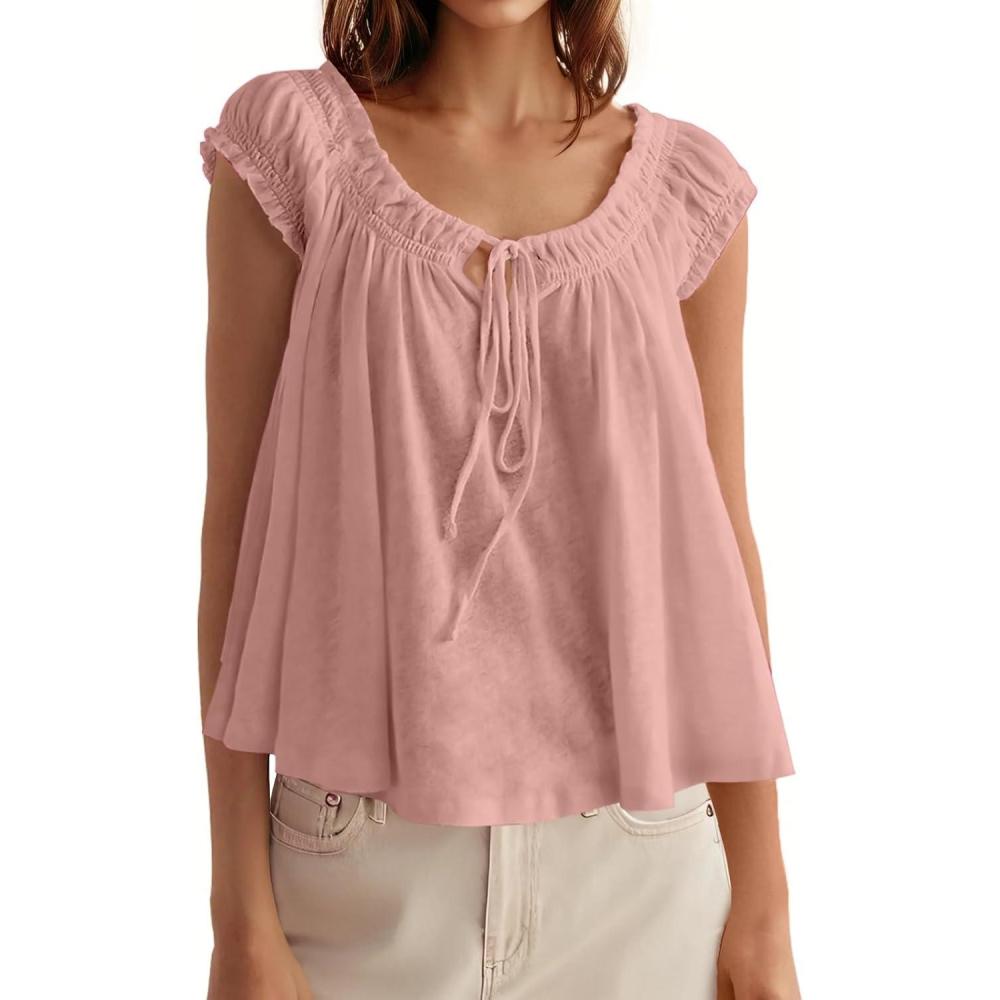 imageTankaneo Women Summer Tie Front Tank Tops Cap Sleeve Pleated Babydoll Tops Casual Loose Fit Going Out Flowy ShirtLight Pink