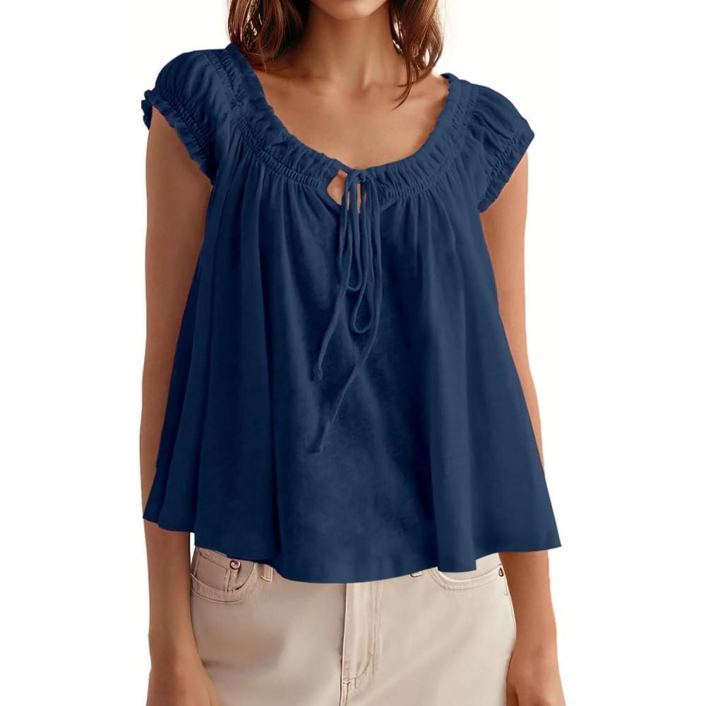 imageTankaneo Women Summer Tie Front Tank Tops Cap Sleeve Pleated Babydoll Tops Casual Loose Fit Going Out Flowy ShirtNavy
