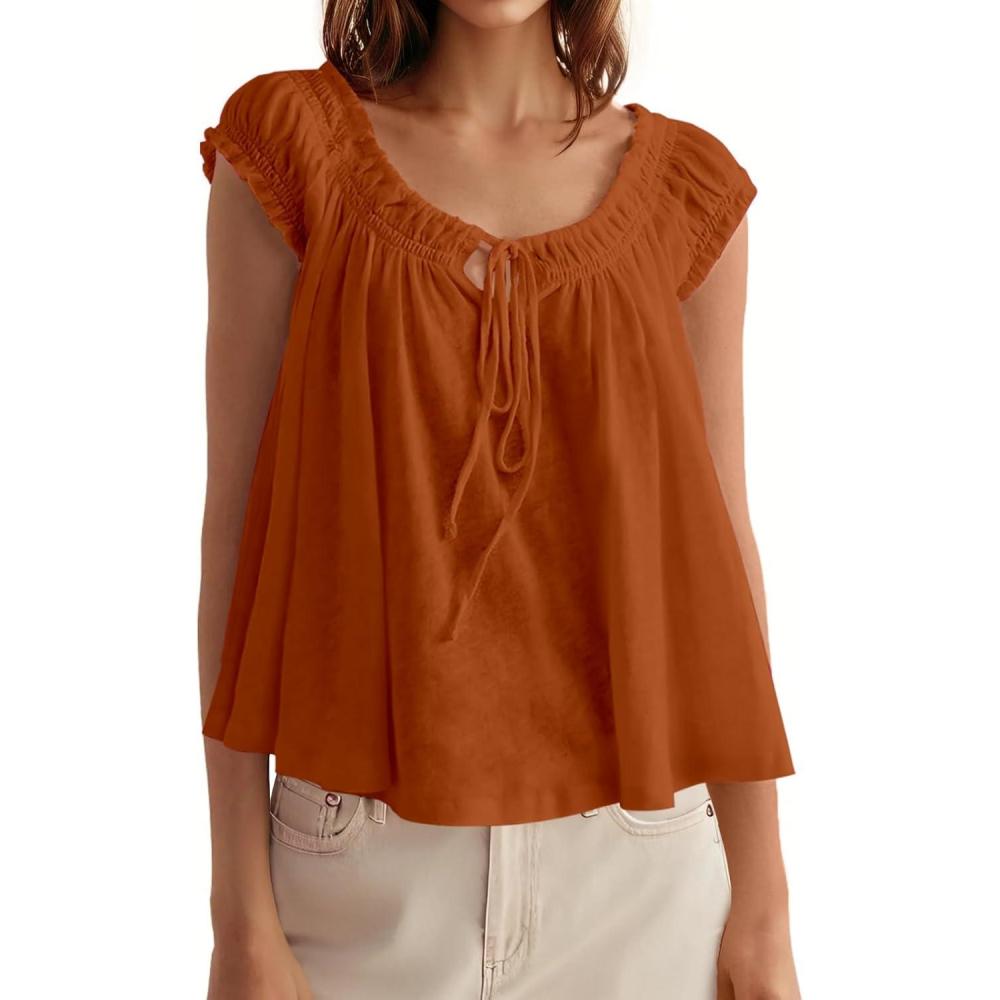 imageTankaneo Women Summer Tie Front Tank Tops Cap Sleeve Pleated Babydoll Tops Casual Loose Fit Going Out Flowy ShirtOrange Red