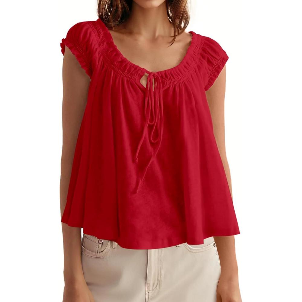 imageTankaneo Women Summer Tie Front Tank Tops Cap Sleeve Pleated Babydoll Tops Casual Loose Fit Going Out Flowy ShirtRed