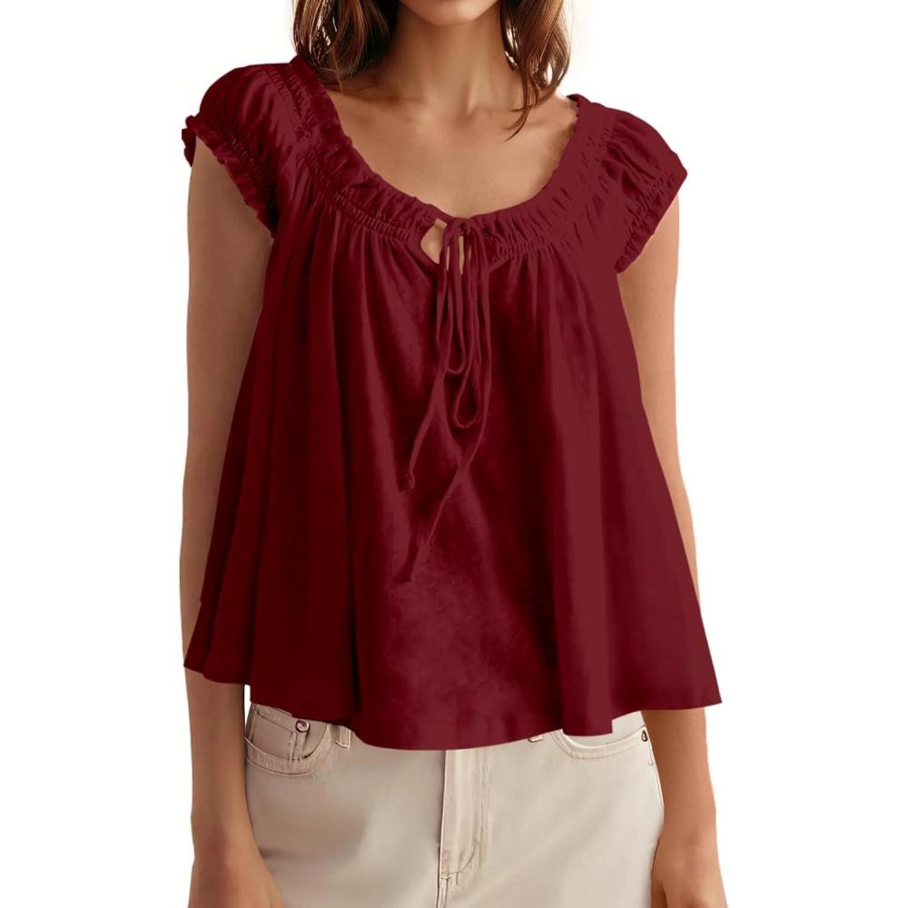 imageTankaneo Women Summer Tie Front Tank Tops Cap Sleeve Pleated Babydoll Tops Casual Loose Fit Going Out Flowy ShirtWine Red