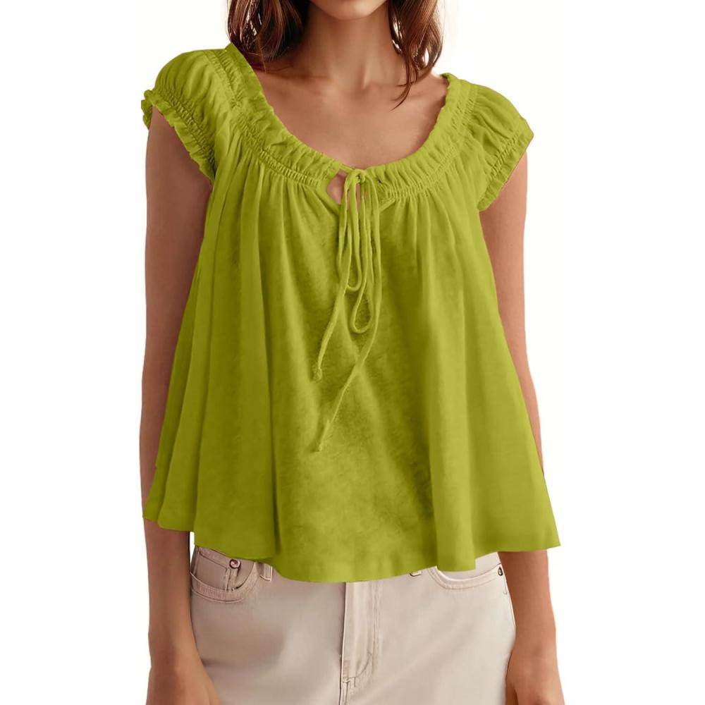 imageTankaneo Women Summer Tie Front Tank Tops Cap Sleeve Pleated Babydoll Tops Casual Loose Fit Going Out Flowy ShirtYellow Green