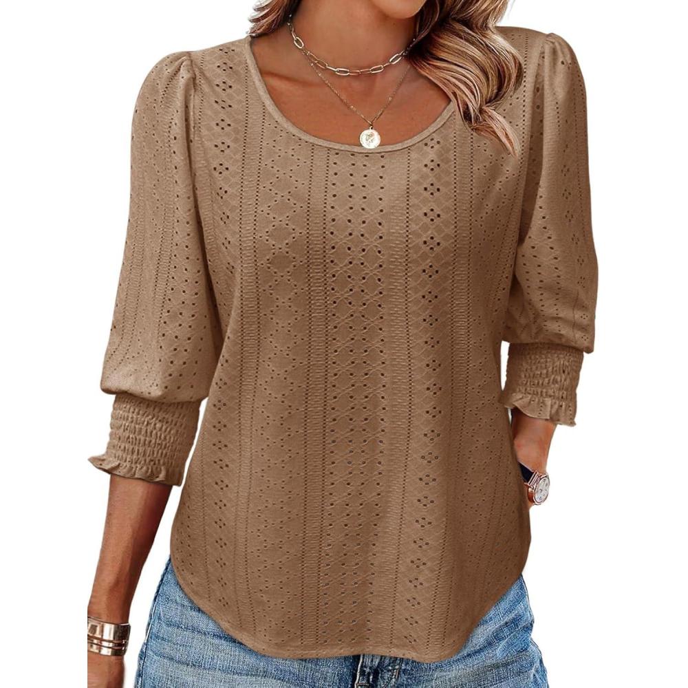 imageTankaneo Womens 34 Length Sleeve Blouses Summer Casual Eyelet Tops Crewneck Dressy Shirts with Smocked Cuffs 2025Brown