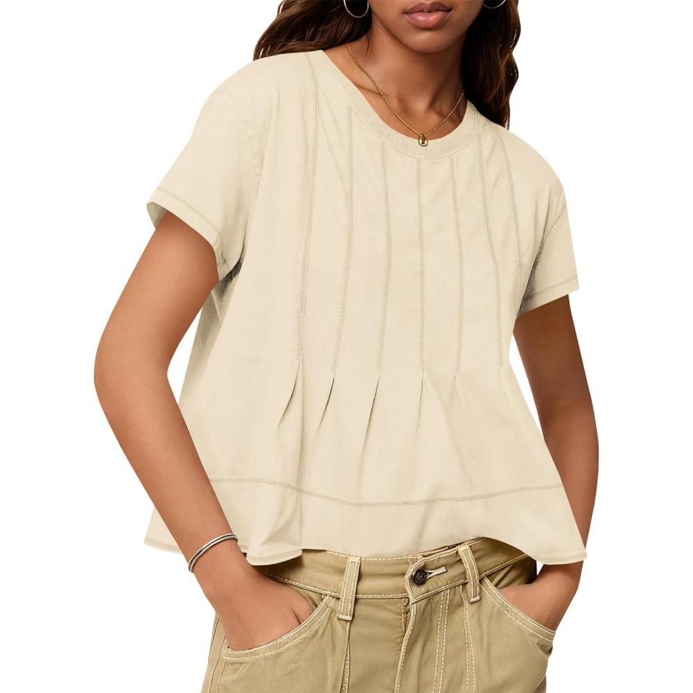 imageTankaneo Womens Babydoll Tops Short Sleeve Peplum Pleated Summer TShirts Casual Loose Fit Flowy Tshirts 2025Beige