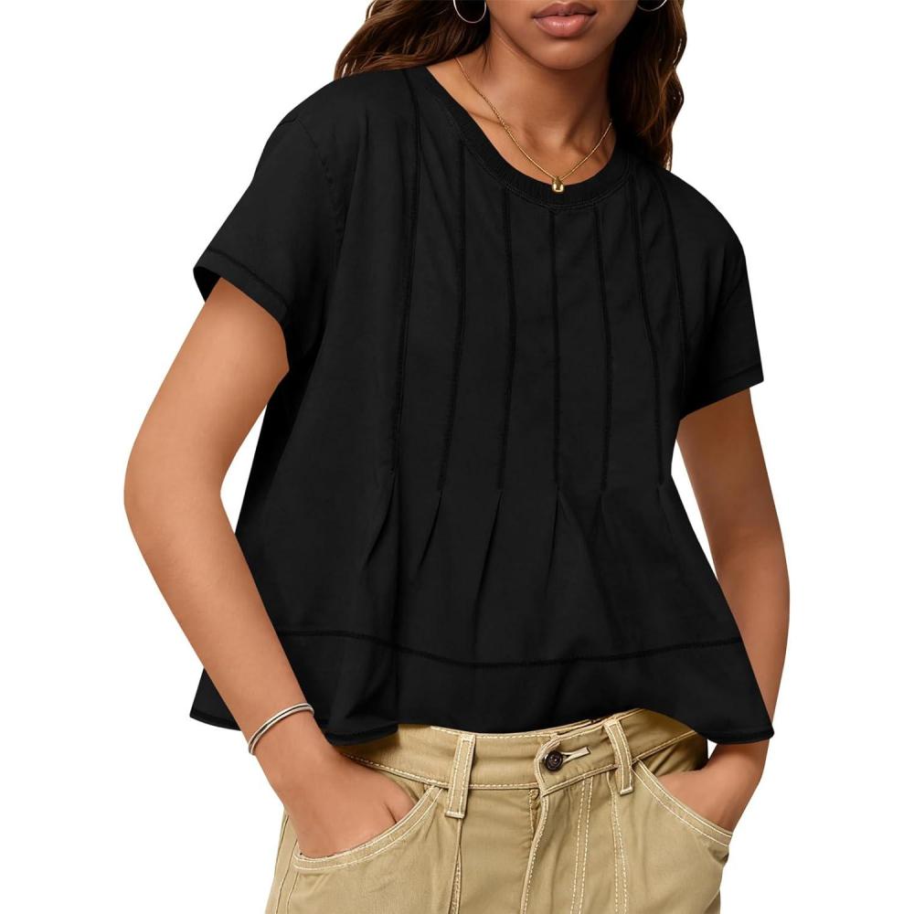 imageTankaneo Womens Babydoll Tops Short Sleeve Peplum Pleated Summer TShirts Casual Loose Fit Flowy Tshirts 2025Black
