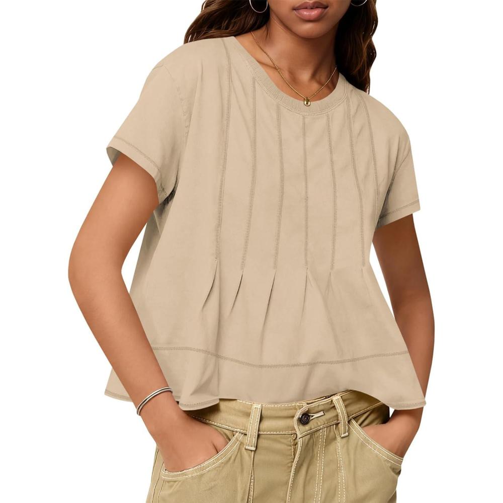 imageTankaneo Womens Babydoll Tops Short Sleeve Peplum Pleated Summer TShirts Casual Loose Fit Flowy Tshirts 2025Khaki