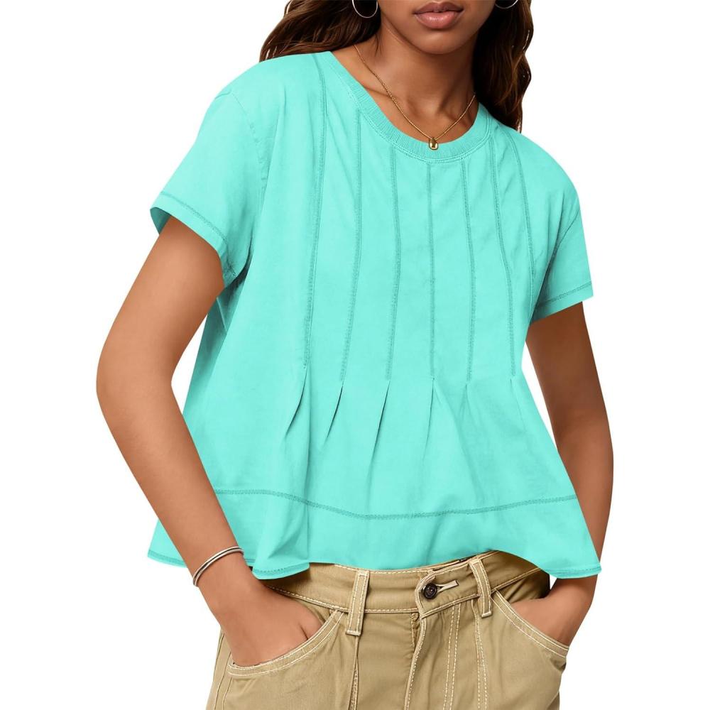 imageTankaneo Womens Babydoll Tops Short Sleeve Peplum Pleated Summer TShirts Casual Loose Fit Flowy Tshirts 2025Mint Green