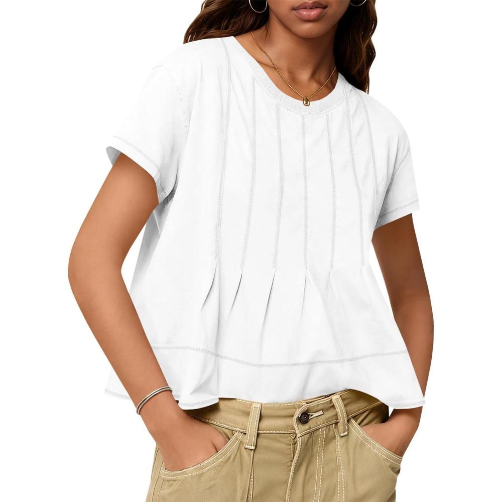 imageTankaneo Womens Babydoll Tops Short Sleeve Peplum Pleated Summer TShirts Casual Loose Fit Flowy Tshirts 2025White