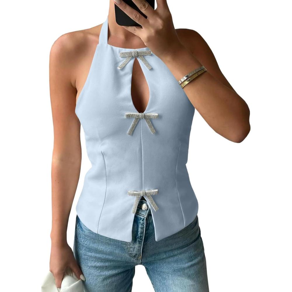 imageTankaneo Womens Cute Bow Halter Tank Tops Sexy Keyhole Backless Slim Fit Crop Tops Y2k Summer Sleeveless Cami ShirtsLight Blue