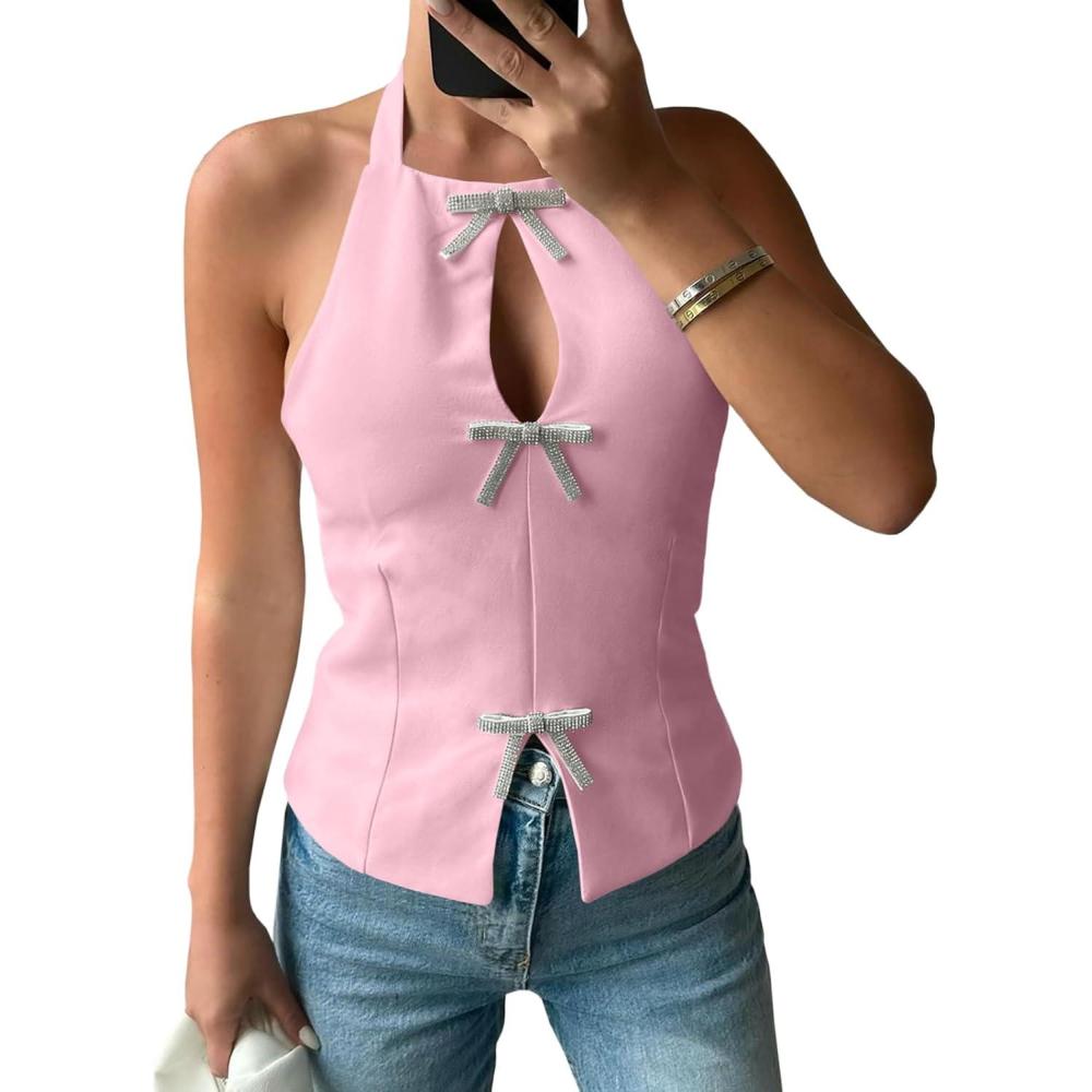 imageTankaneo Womens Cute Bow Halter Tank Tops Sexy Keyhole Backless Slim Fit Crop Tops Y2k Summer Sleeveless Cami ShirtsPink