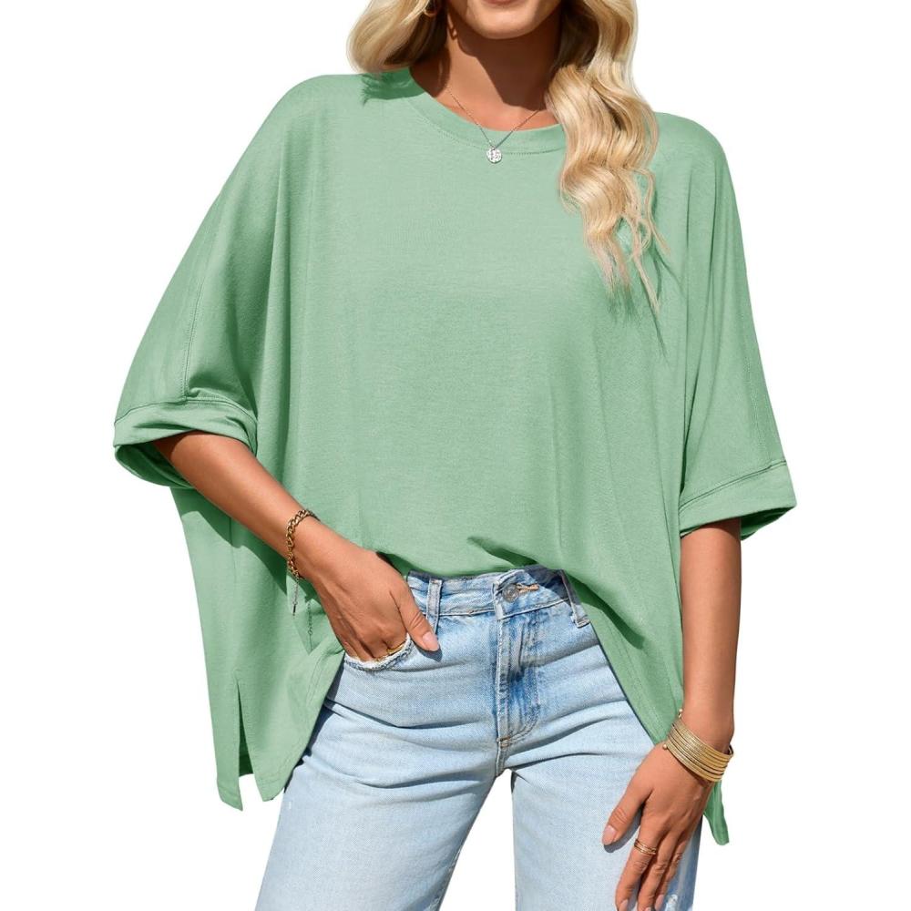 imageTankaneo Womens Oversized Tshirts Batwing Short Sleeve Asymmetric Hem Tops Summer Casual Loose Fit Tunic Tee ShirtsGreen