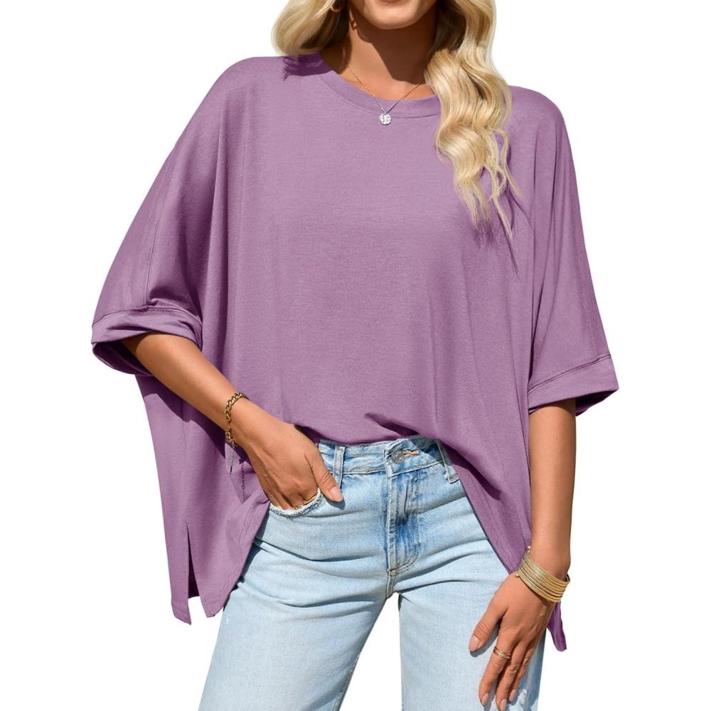 imageTankaneo Womens Oversized Tshirts Batwing Short Sleeve Asymmetric Hem Tops Summer Casual Loose Fit Tunic Tee ShirtsPurple